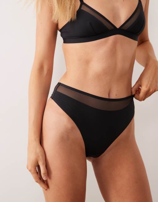 ASOS DESIGN - Ella - Perizoma sgambato a vita alta in microfibra nero con dettaglio in rete