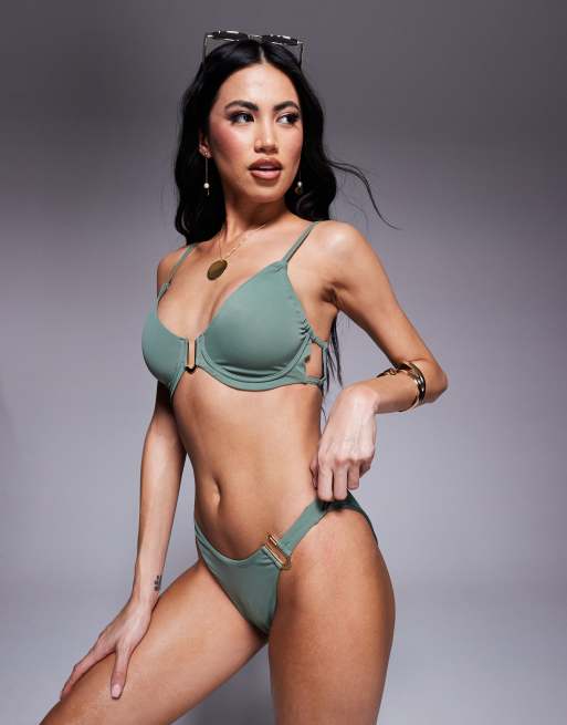 ASOS DESIGN - Ella - Slip bikini a vita bassa sgambati kaki con finiture oro