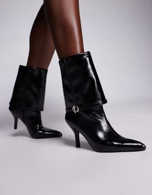 ASOS DESIGN - Ella - Stiefeletten in Schwarz mit weitem Schaft, Absatz und Schnallenverzierung