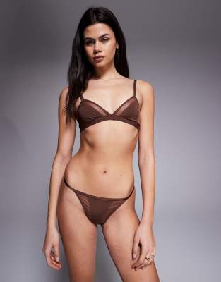 ASOS DESIGN - Ella - Triangel-BH aus Mikrofaser mit Netzstoffdetail in Schokobraun-Brown