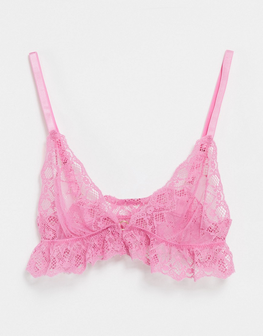 ASOS DESIGN Ellie lace frilly longline bra in pink