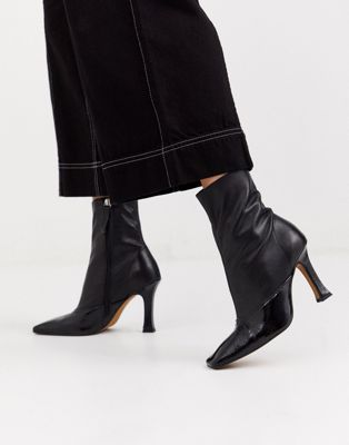 ASOS DESIGN Ellie premium leather heeled sock boots in black