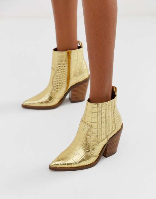 ASOS DESIGN Elliot – Buty w stylu westernowym na średnim obcasie ze wzorem imitującym skórę korkodyla w kolorze złotym