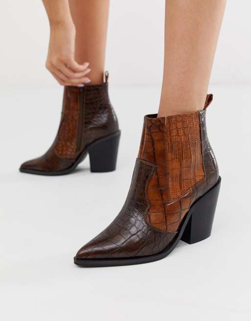 ASOS DESIGN Elliot western ankle boots in brown croc