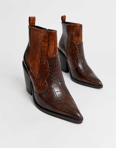 ASOS DESIGN – Elliot – Western-Stiefeletten in Kroko-Braun