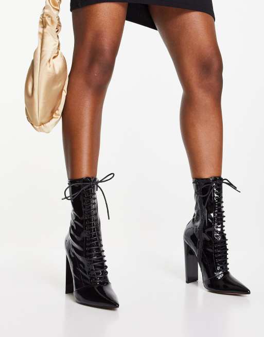 ASOS DESIGN Ellis high heeled lace up boots in black patent