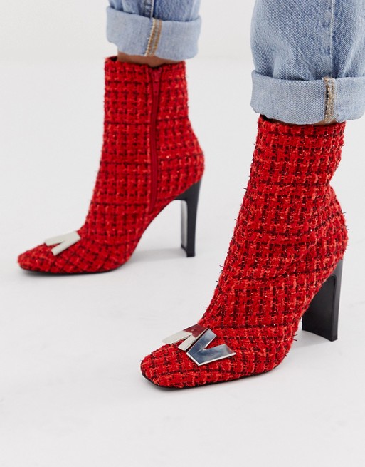 ASOS DESIGN Ellis metal trim ankle boots in red tweed