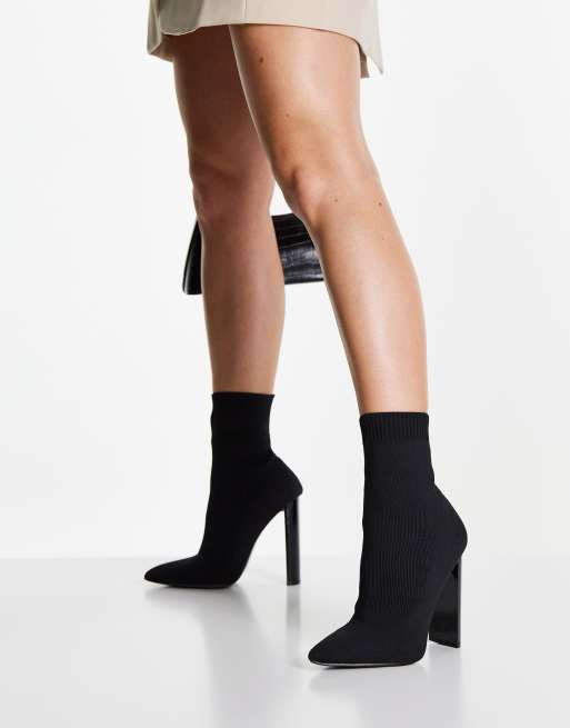 ASOS DESIGN Elly block heel sock boots in black knit ASOS