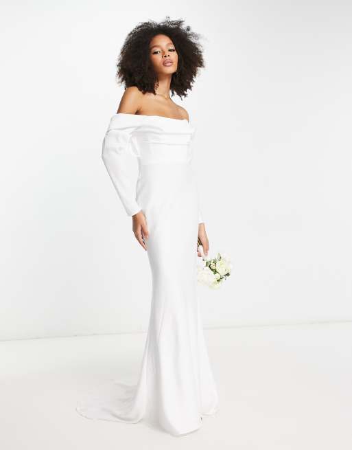 ASOS DESIGN Frankie beaded mesh plunge cap sleeve wedding dress in ivory