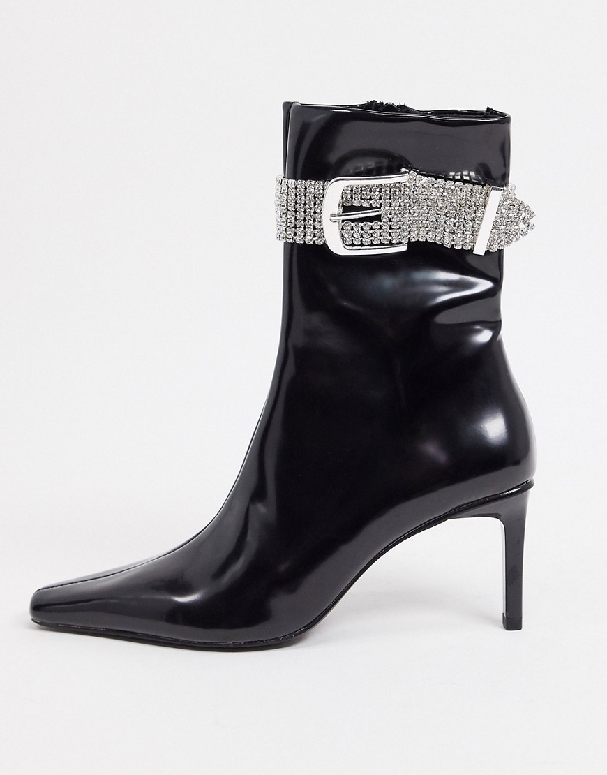 ASOS DESIGN Eloisa high ankle boot with crystal buckle strap-Black
