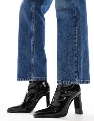 Eloise high block heeled boots in black crinkle patent