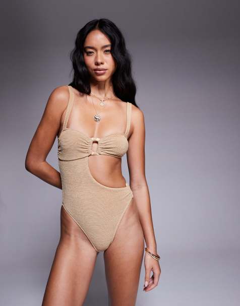 ASOS DESIGN Eloise textured cut out swimsuit with raffia trim in beige - view 1