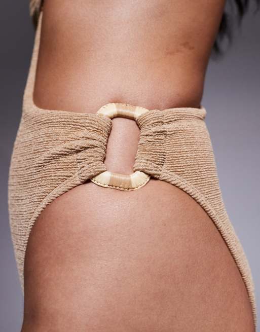 ASOS DESIGN Eloise textured cut out swimsuit with raffia trim in beige, 3 of 4