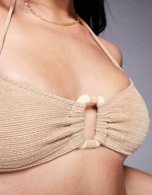 Asos Design Eloise Textured Halter Scoop Neck Bikini Top With Raffia Trim In Brown
