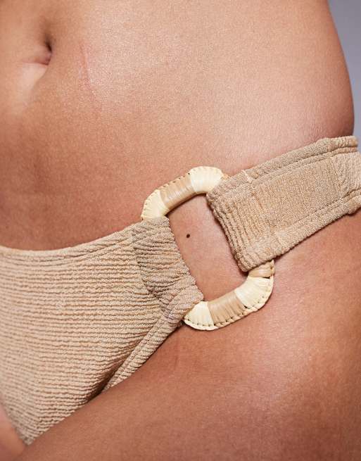 ASOS DESIGN Eloise textured high leg hipster bikini bottom with raffia trim in beige, 2 of 4