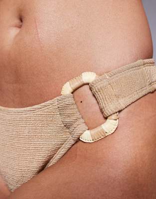 Asos Design Eloise Textured High Leg Hipster Bikini Bottoms With Raffia Trim In Brown
