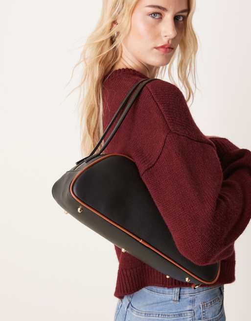 ASOS DESIGN elongated angular bowler bag with contrast piping in