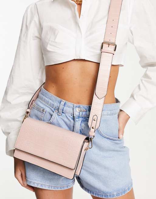 Asos Design Elongated Crossbody Bag In Pink Croc Asos