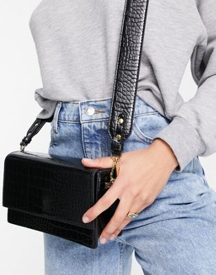 ASOS DESIGN elongated crossbody bag with detachable strap in black croc ...