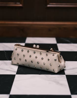 Asos Design Elongated Frame Clutch Bag With Diamante Studs In White
