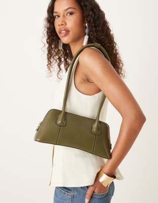 Asos Design Elongated Handle Curved Base Bowler Bag With Seam Details In Green