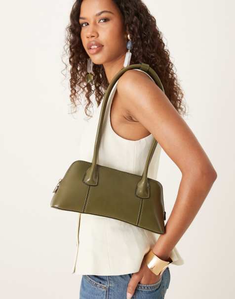 ASOS DESIGN elongated handle curved base bowler bag with seam details in olive - view 1
