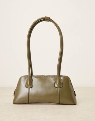 Asos Design Elongated Handle Curved Base Bowler Bag With Seam Details In Green