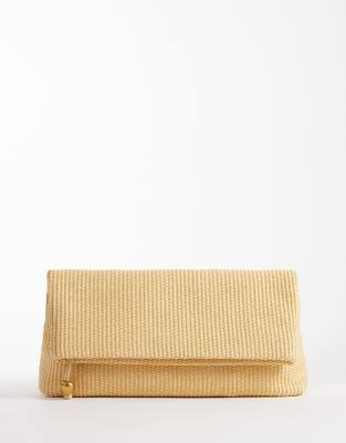 Asos Design Elongated Straw Clutch Bag With Ball Hardware In Neutral