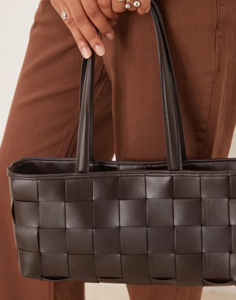 ASOS DESIGN elongated woven tote bag in chocolate - view 1