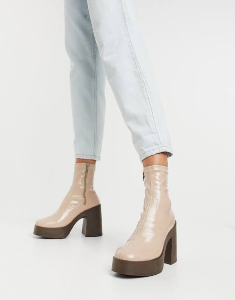 asos design elsie high heeled sock boots in bone patent