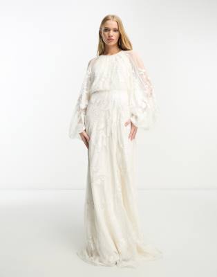 ASOS DESIGN Elsie embroidered and beaded blouson sleeve maxi wedding dress  with tie back in ivory - IVORY