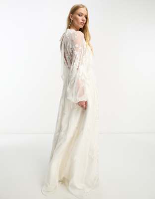 ASOS DESIGN Elsie embroidered and beaded blouson sleeve maxi wedding dress  with tie back in ivory - IVORY