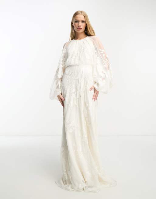 ASOS DESIGN Elsie embroidered and beaded blouson sleeve maxi wedding dress with tie back in ivory