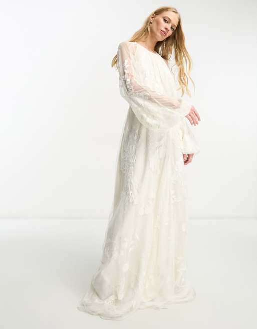 ASOS DESIGN Elsie embroidered and beaded blouson sleeve maxi wedding dress with tie back in