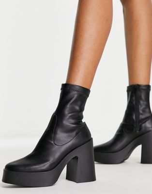 ASOS DESIGN Elsie faux leather high heeled sock boots in black | ASOS