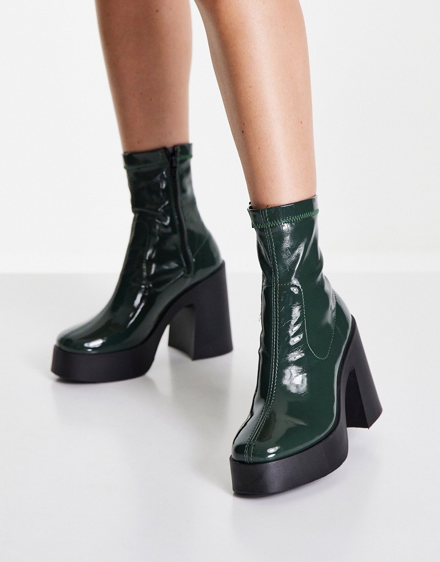 ASOS DESIGN Elsie high heel sock boots in dark green patent