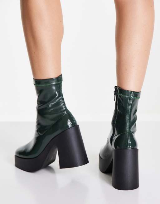 ASOS DESIGN Elsie high heel sock boots in dark green patent