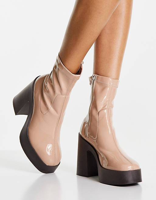  Boots/Elsie high heeled sock boot in beige patent 