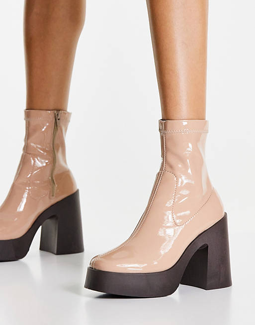  Boots/Elsie high heeled sock boot in beige patent 