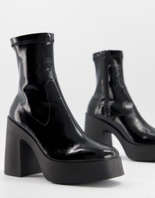 ASOS DESIGN Elsie high heeled sock boot in black patent | ASOS