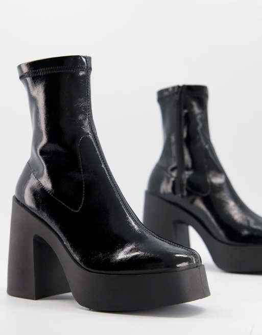 asos design elsie high heeled sock boots in bone patent