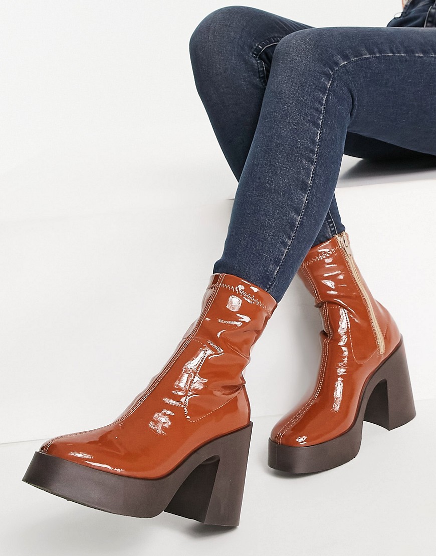 ASOS DESIGN Elsie high heeled sock boot in brown patent
