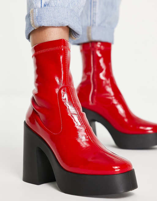 ASOS Design Heeled Boots in Red Patent Faux Leather