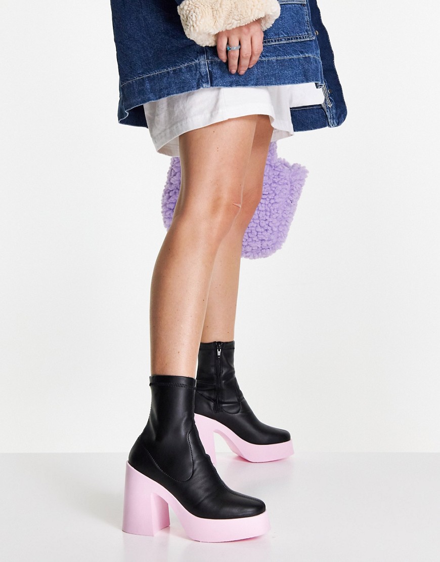 ASOS DESIGN Elsie high heeled sock boots in black with pink sole-Multi