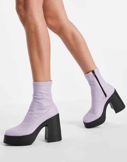asos design elsie high heeled sock boots in bone patent