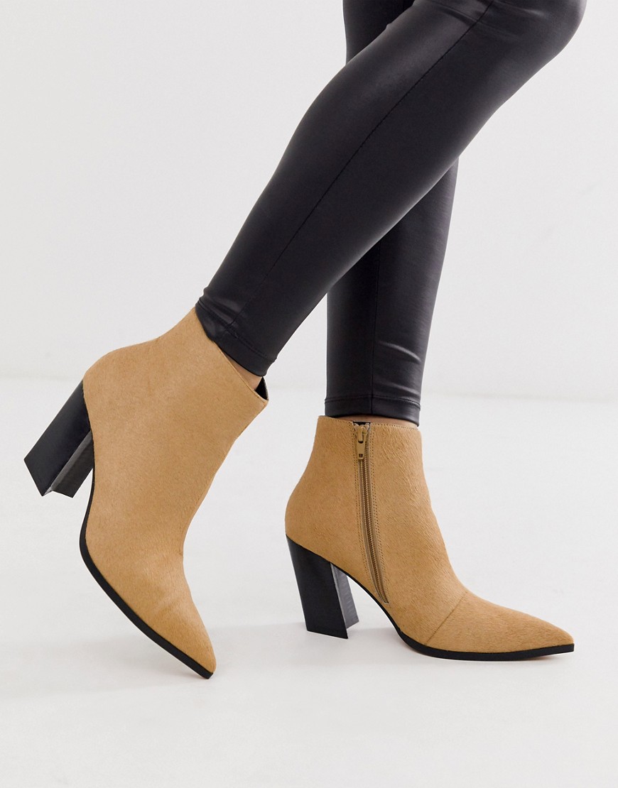 ASOS DESIGN Elude leather pointed heeled boots in camel-Beige
