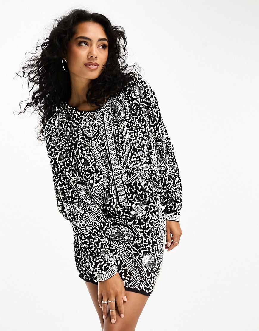 ASOS DESIGN embellished abstract batwing sleeve mini dress in black and white beading-Silver
