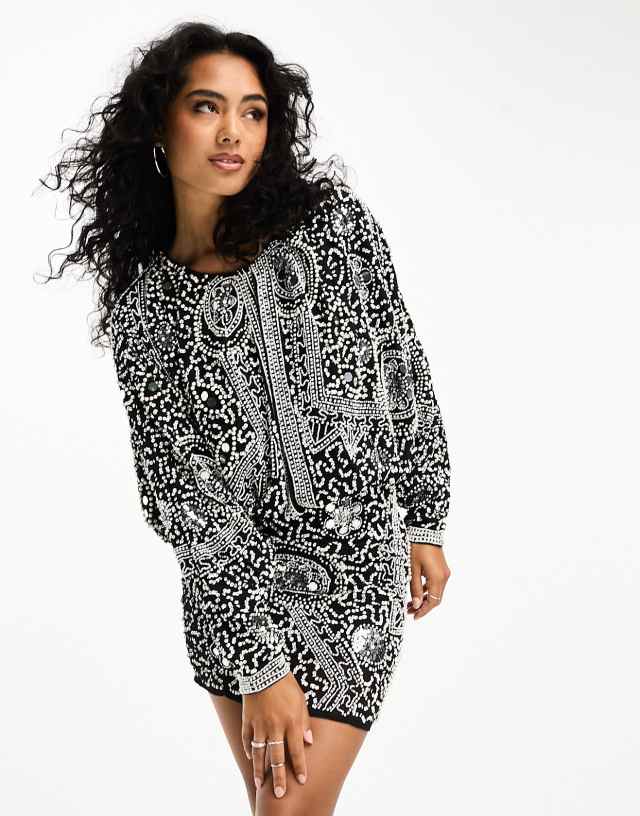 ASOS DESIGN embellished abstract batwing sleeve mini dress in black and white beading