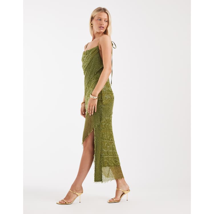 asos beaded maxi dress DESIGN embellished all over layered asymmetric in olive Asos edition