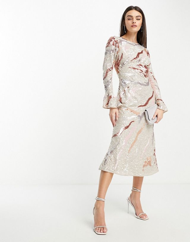 ASOS DESIGN embellished all over sequin midi dress with flared sleeves in neutral wave print